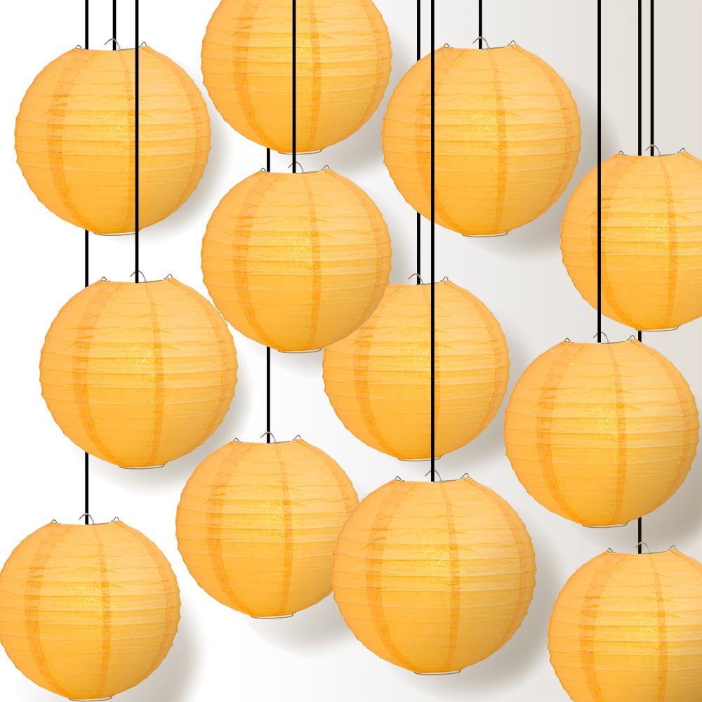 12 PACK | 12&quot; Papaya Even Ribbing Round Paper Lantern, Hanging Combo Set - PaperLanternStore.com - Paper Lanterns, Decor, Party Lights &amp; More