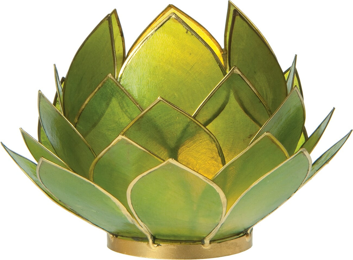 Grass Green &amp; Gold Kai Large Capiz Lotus Candle holder - PaperLanternStore.com - Paper Lanterns, Decor, Party Lights &amp; More