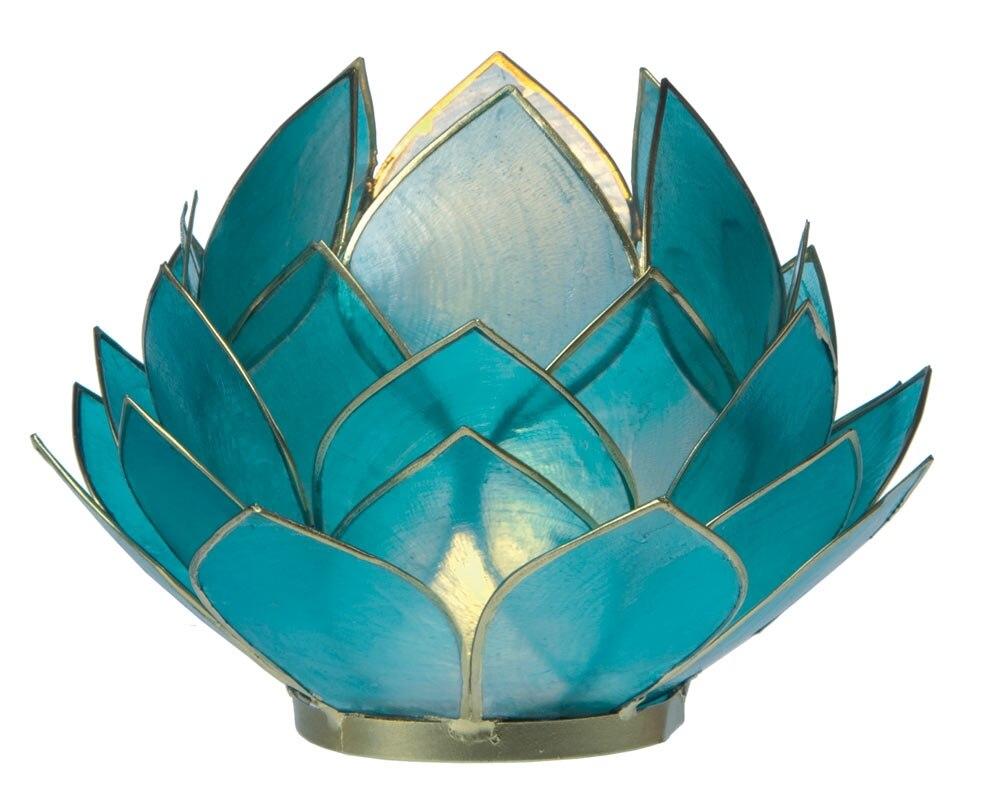 Turquoise Blue &amp; Gold Kai Large Capiz Lotus Candle holder - PaperLanternStore.com - Paper Lanterns, Decor, Party Lights &amp; More