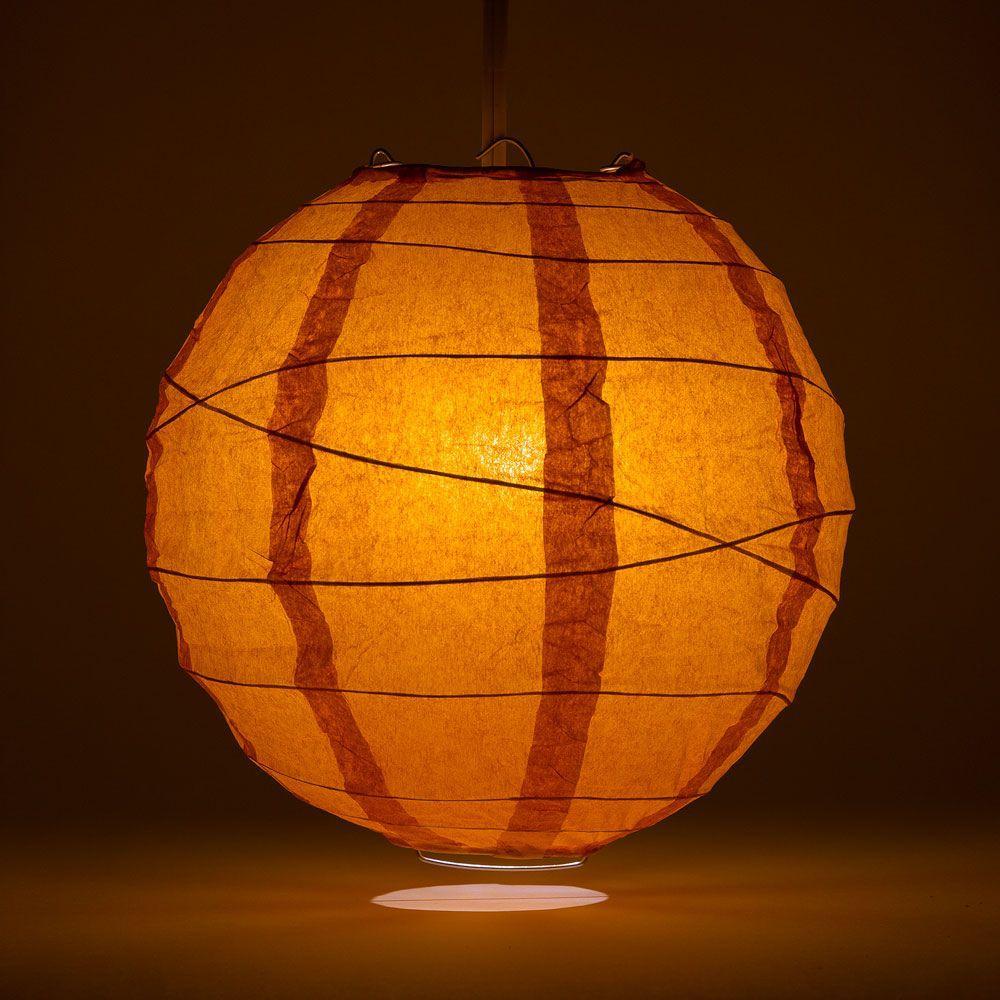 Lit Persimmon Orange Round Paper Lantern, Crisscross Ribbing, Hanging Decoration