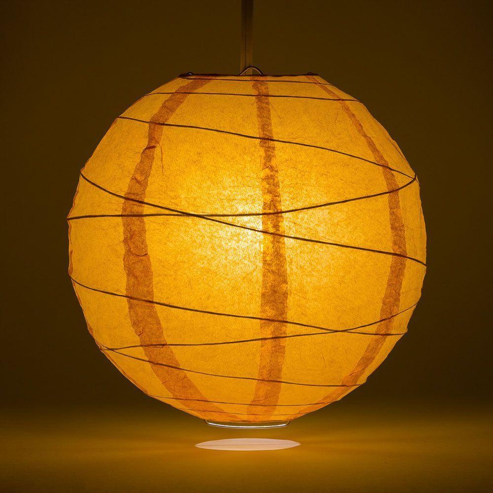 Lit Orange Round Paper Lantern, Crisscross Ribbing, Hanging Decoration