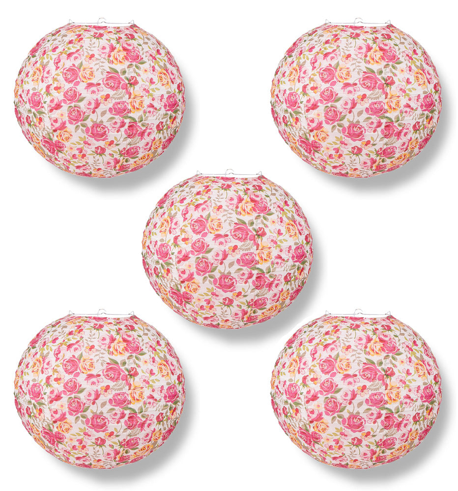 5 PACK | 14&quot; Liberty Print Fuchsia Rose Floral Pattern Paper Lantern, Design by Esper