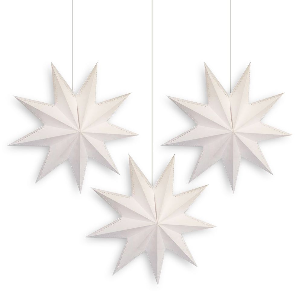3-PACK + Cord | 9 Point White Laminate 30&quot; Illuminated Paper Star Lanterns and Lamp Cord Hanging Decorations - PaperLanternStore.com - Paper Lanterns, Decor, Party Lights &amp; More