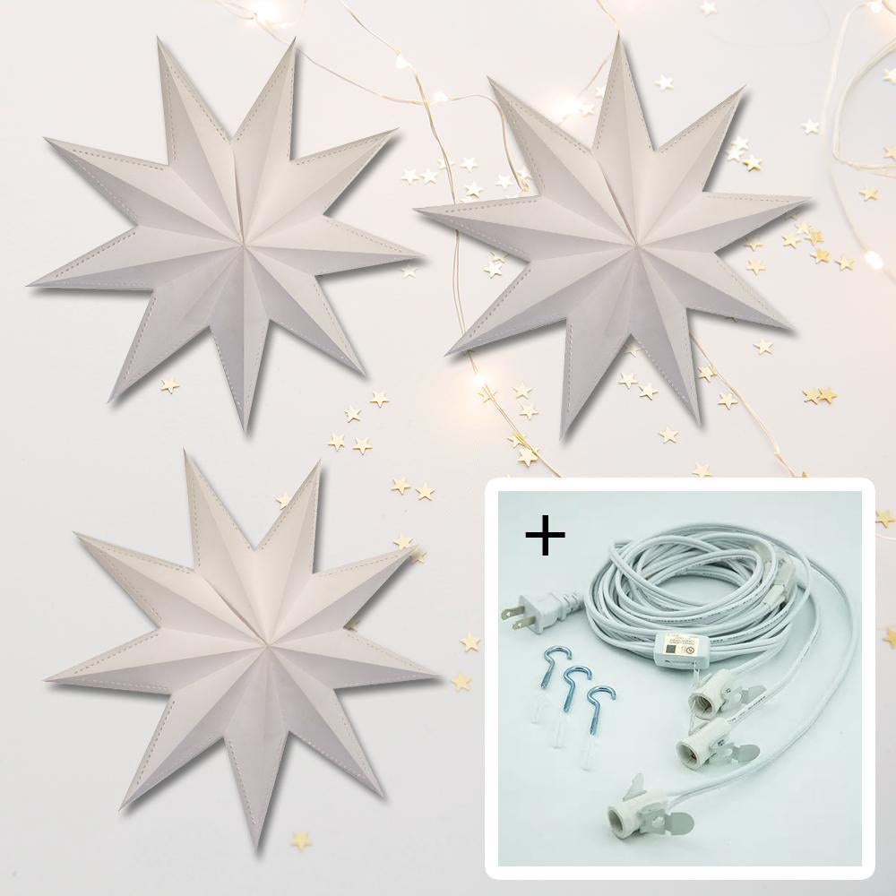 3-PACK + Cord | 9 Point White Laminate 30&quot; Illuminated Paper Star Lanterns and Lamp Cord Hanging Decorations - PaperLanternStore.com - Paper Lanterns, Decor, Party Lights &amp; More