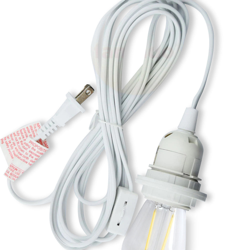 CORD + SHATTERPROOF BULB | White Pendant Light Lamp Cord Combo Kit, Switch, S14 Cool White Bulb