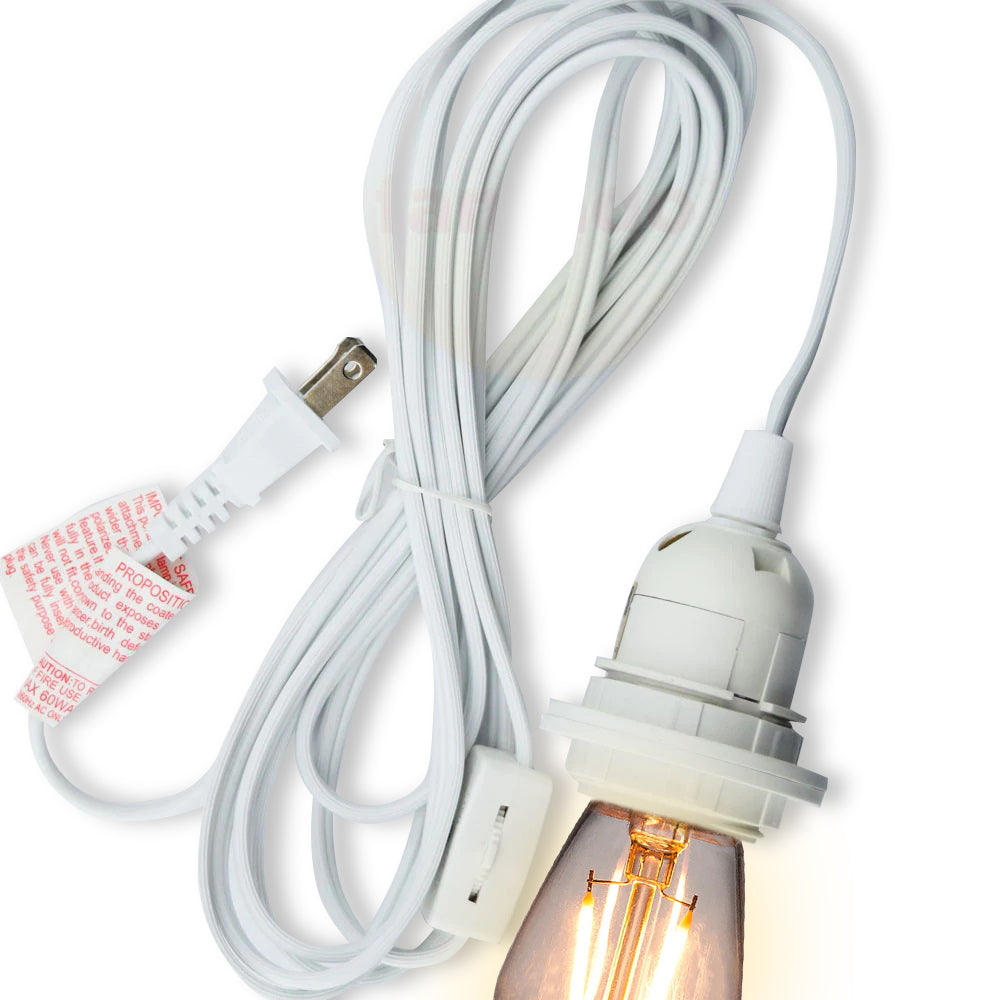 CORD + SHATTERPROOF BULB | White Pendant Light Lamp Cord Combo Kit, Switch, S14 Warm White Bulb