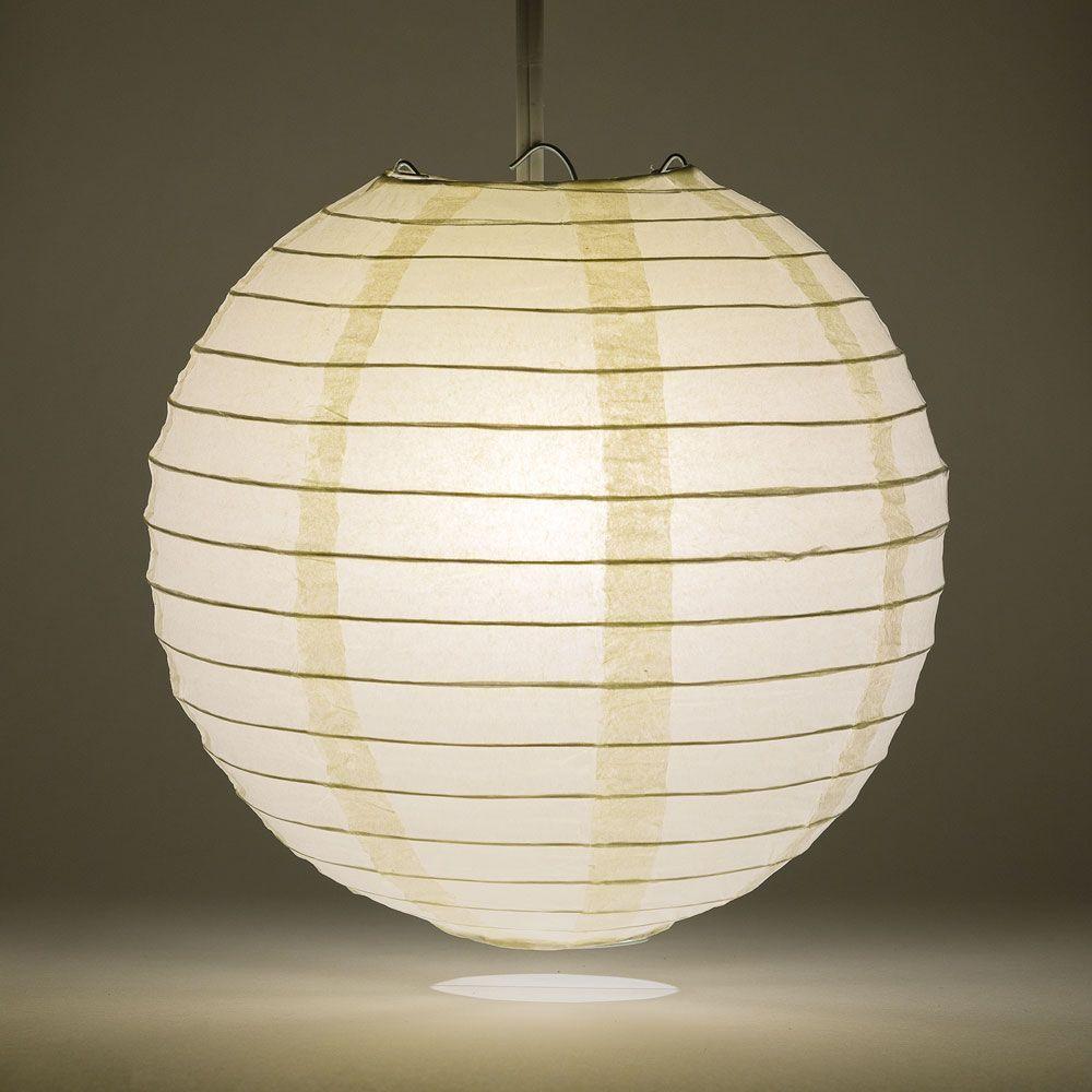 Lit Beige Round Paper Lantern, Even Ribbing, Chinese Hanging Wedding &amp; Party Decoration