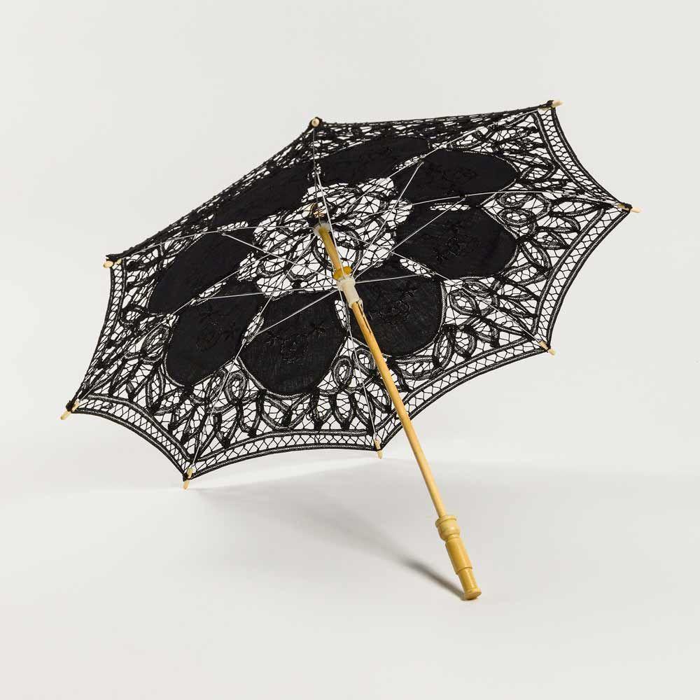 32&quot; Black Lace Cotton Fabric Parasol Umbrella w/ Metal Frame - PaperLanternStore.com - Paper Lanterns, Decor, Party Lights &amp; More