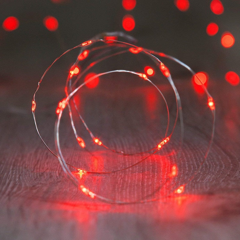 7.5 FT|20 LED Battery Operated Red Fairy String Lights With Silver Wire - PaperLanternStore.com - Paper Lanterns, Decor, Party Lights &amp; More