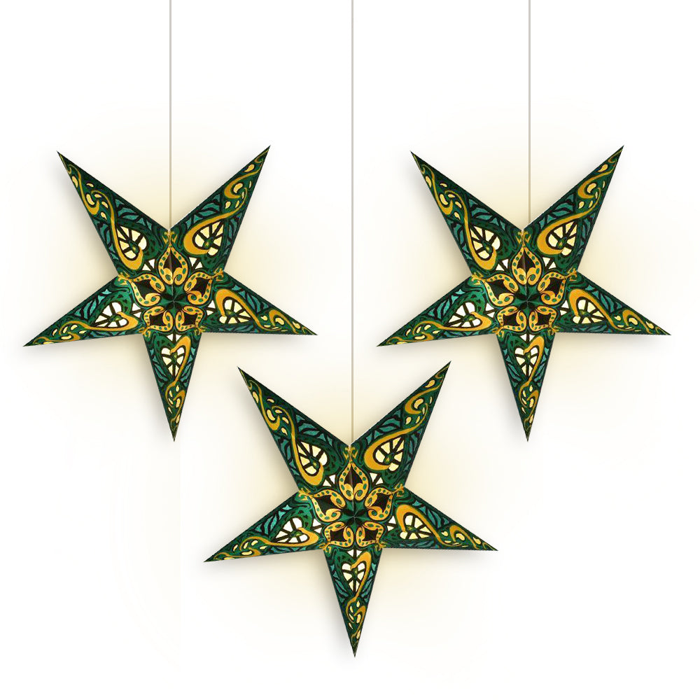 3-PACK + Cord | Green Trance 24&quot; Illuminated Paper Star Lanterns and Lamp Cord Hanging Decorations - PaperLanternStore.com - Paper Lanterns, Decor, Party Lights &amp; More