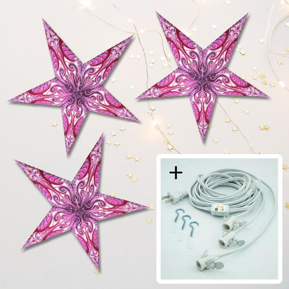 3-PACK + Cord | Orchid Purple Splash 24&quot; Illuminated Paper Star Lanterns and Lamp Cord Hanging Decorations - PaperLanternStore.com - Paper Lanterns, Decor, Party Lights &amp; More