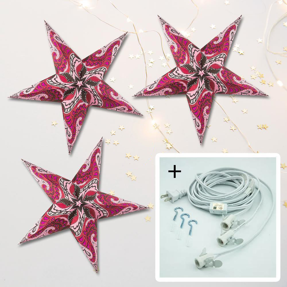 3-PACK + Cord | Violet Purple Paisley 24&quot; Illuminated Paper Star Lanterns and Lamp Cord Hanging Decorations - PaperLanternStore.com - Paper Lanterns, Decor, Party Lights &amp; More