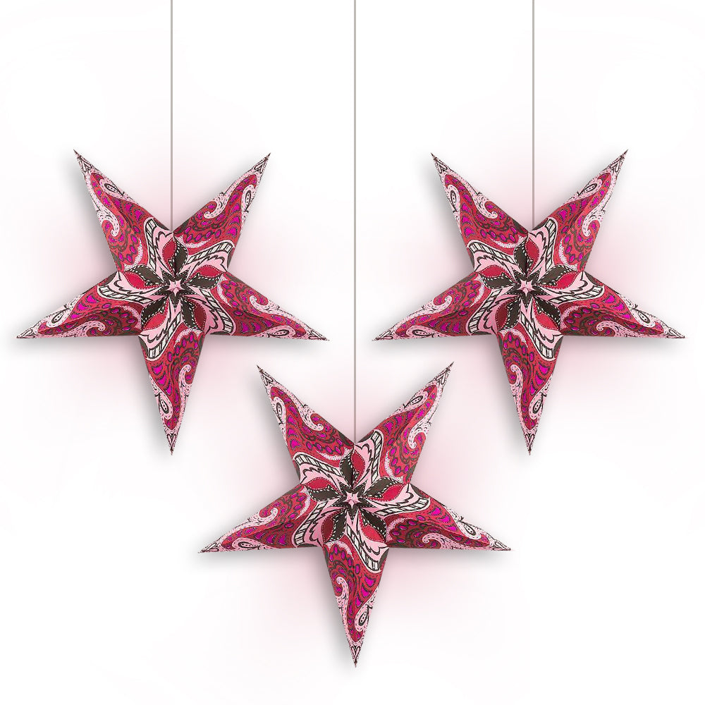 3-PACK + Cord | Violet Purple Paisley 24&quot; Illuminated Paper Star Lanterns and Lamp Cord Hanging Decorations - PaperLanternStore.com - Paper Lanterns, Decor, Party Lights &amp; More