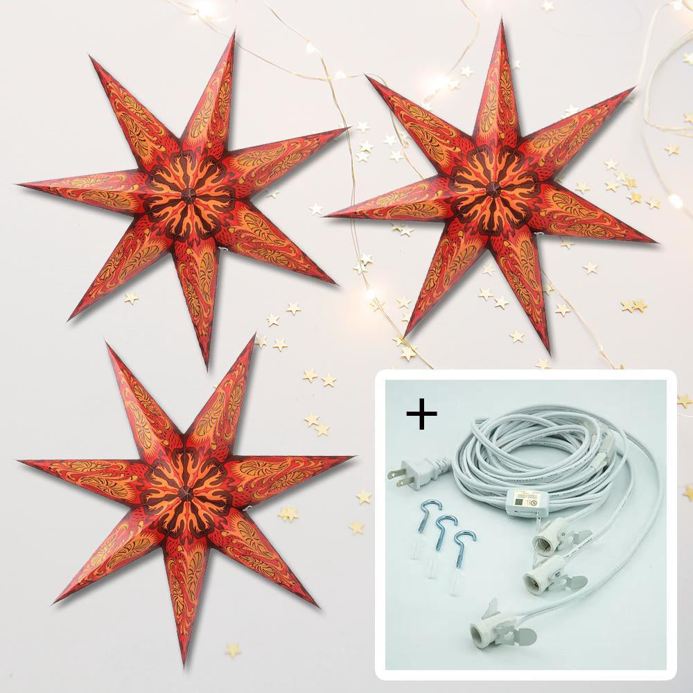 3-PACK + Cord | 7 Point Crimson Fantasy 24&quot; Illuminated Paper Star Lanterns and Lamp Cord Hanging Decorations - PaperLanternStore.com - Paper Lanterns, Decor, Party Lights &amp; More