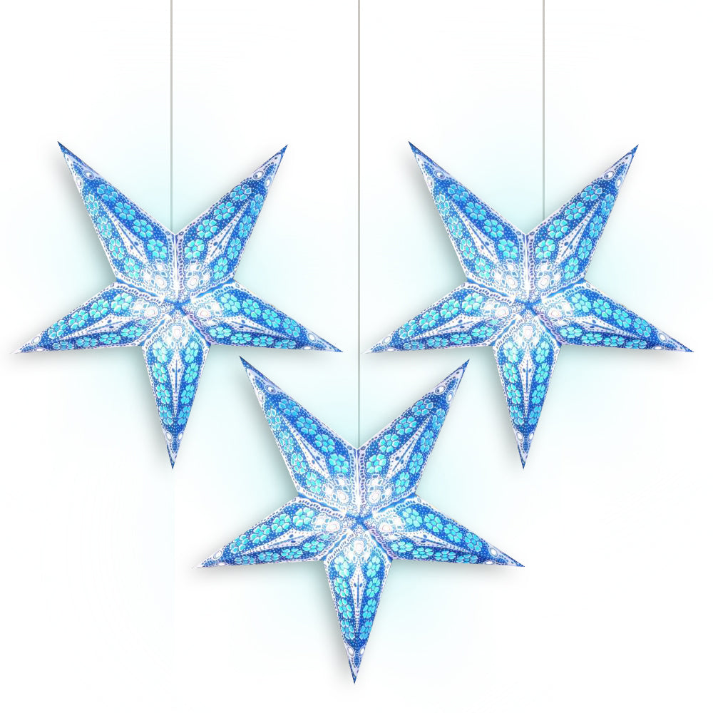 3-PACK + Cord | Blue Petal Cut 24&quot; Illuminated Paper Star Lanterns and Lamp Cord Hanging Decorations - PaperLanternStore.com - Paper Lanterns, Decor, Party Lights &amp; More