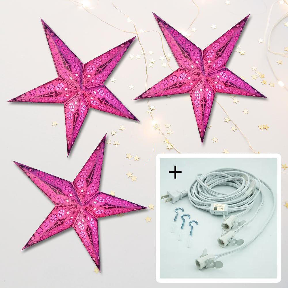 3-PACK + Cord | Pink Petal Cut 24&quot; Illuminated Paper Star Lanterns and Lamp Cord Hanging Decorations - PaperLanternStore.com - Paper Lanterns, Decor, Party Lights &amp; More