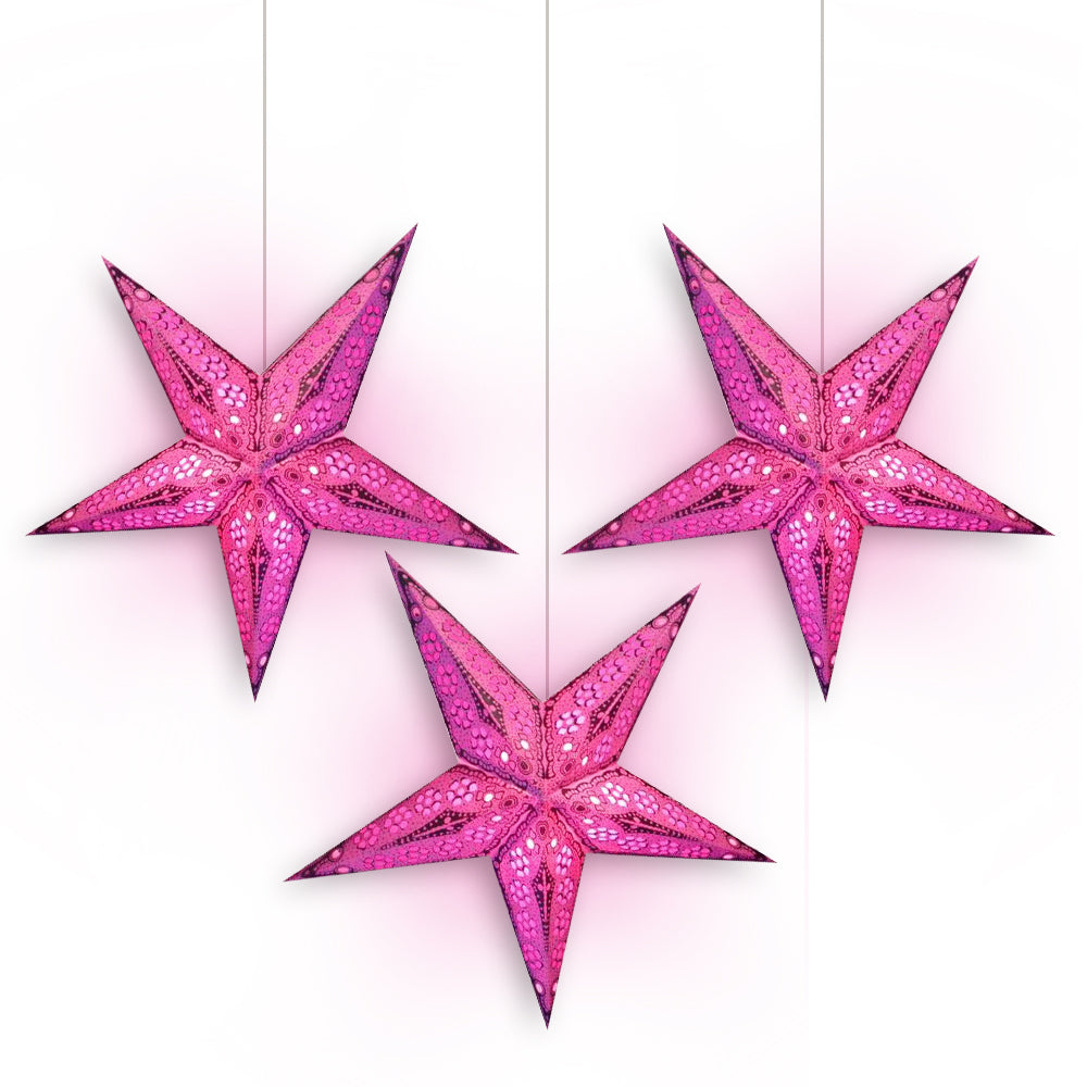 3-PACK + Cord | Pink Petal Cut 24&quot; Illuminated Paper Star Lanterns and Lamp Cord Hanging Decorations - PaperLanternStore.com - Paper Lanterns, Decor, Party Lights &amp; More