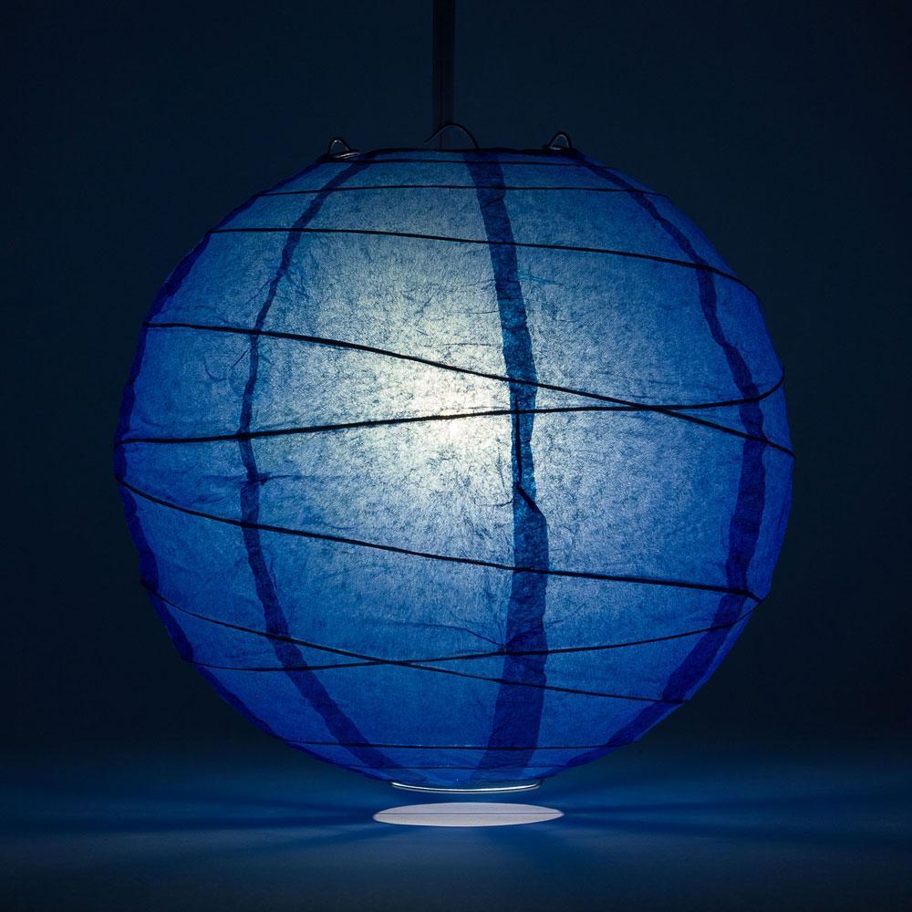 Lit Dark Blue Round Paper Lantern, Crisscross Ribbing, Chinese Hanging Wedding &amp; Party Decoration