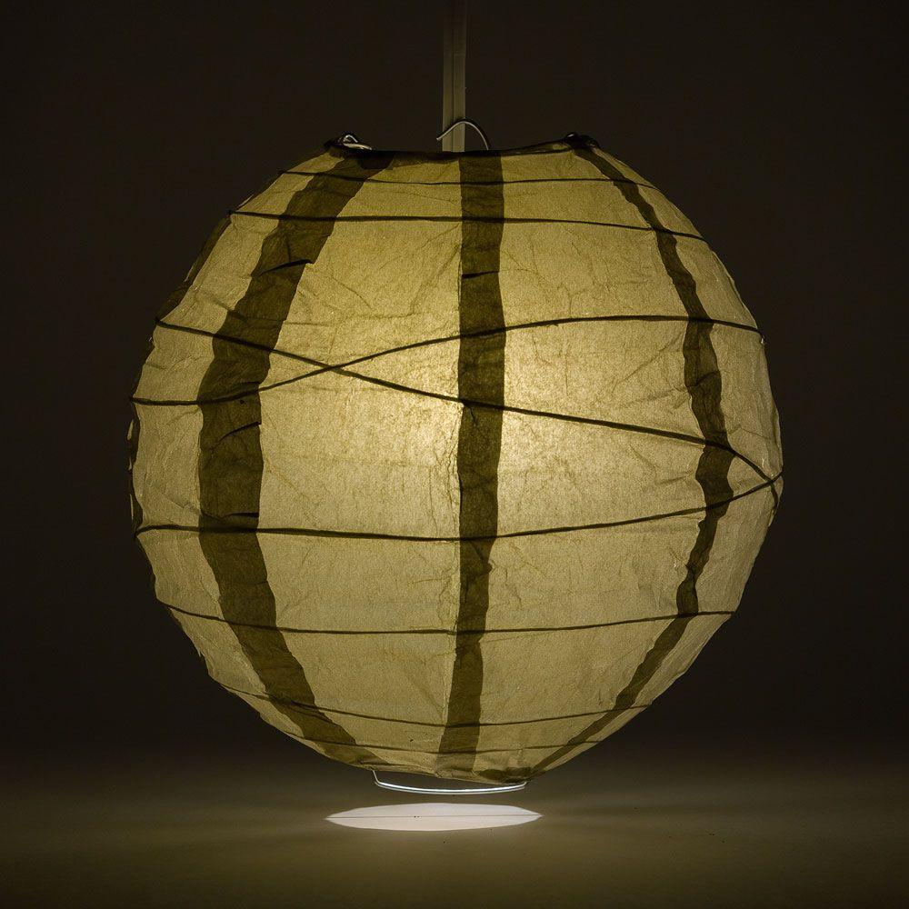 Lit Gold Round Paper Lantern, Crisscross Ribbing, Hanging Decoration