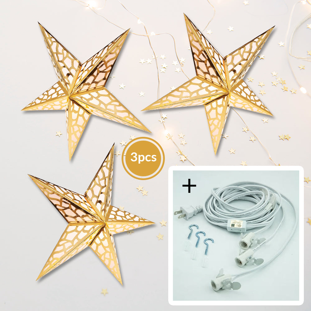 3-PACK + Cord | Gold Metallic 24" Illuminated Paper Star Lanterns and Lamp Cord Hanging Decorations - PaperLanternStore.com - Paper Lanterns, Decor, Party Lights & More