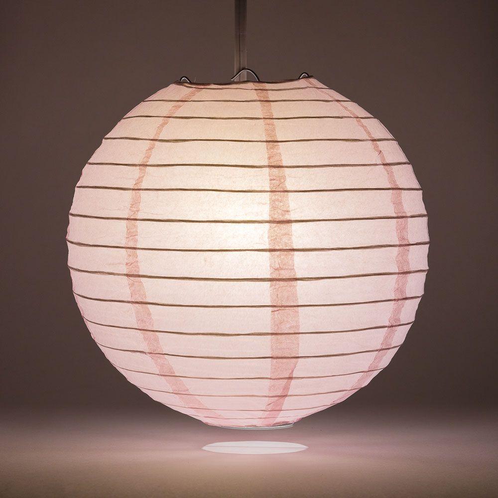 Lit Pink Round Paper Lantern, Even Ribbing, Chinese Hanging Wedding &amp; Party Decoration