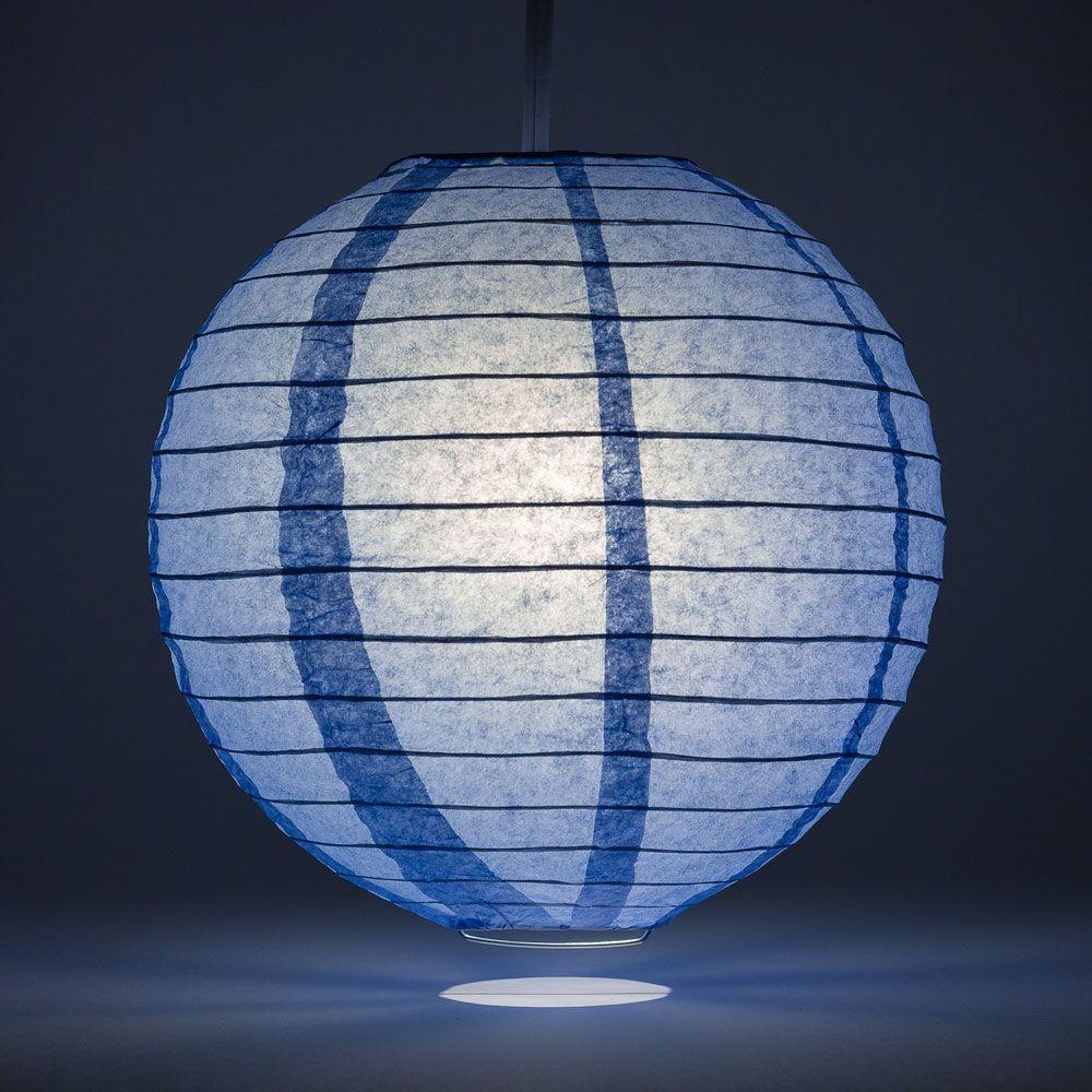 Lit Serenity Blue Round Paper Lantern, Even Ribbing, Chinese Hanging Wedding &amp; Party Decoration