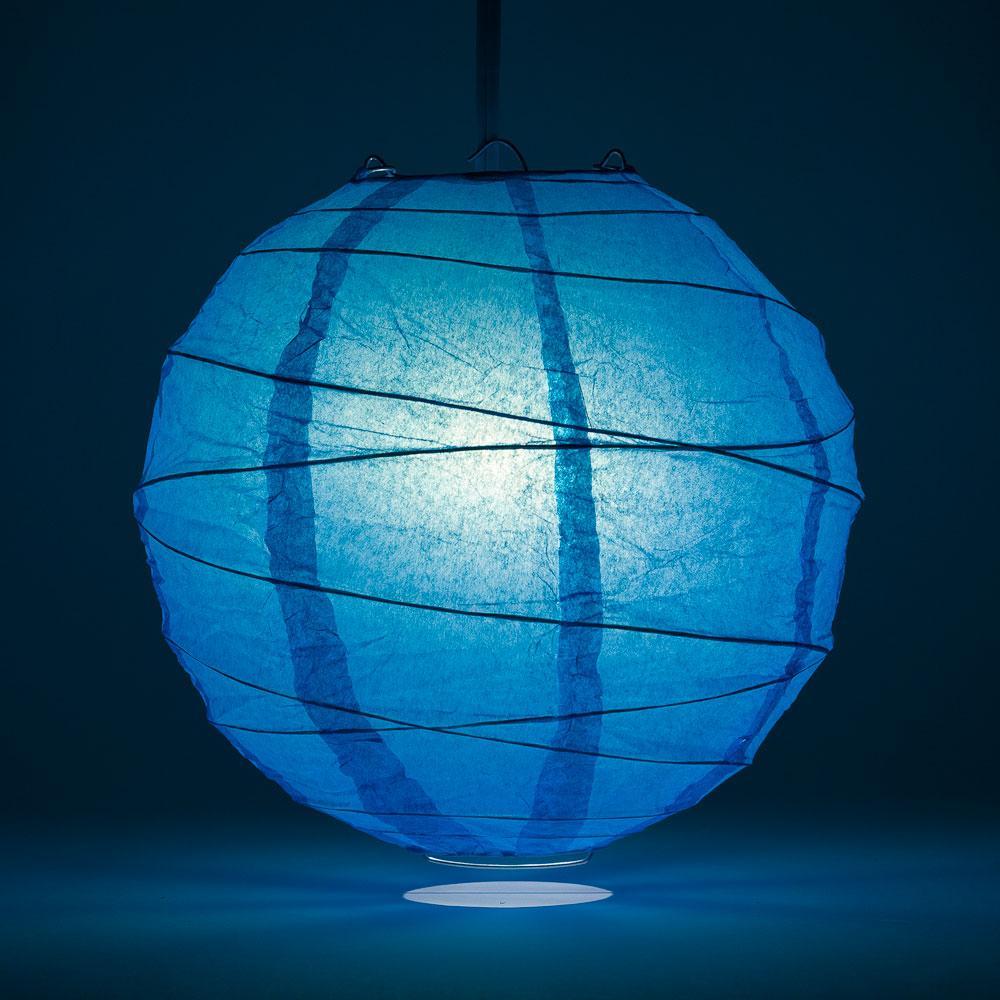 Lit Turquoise Blue Round Paper Lantern, Crisscross Ribbing, Chinese Hanging Wedding &amp; Party Decoration