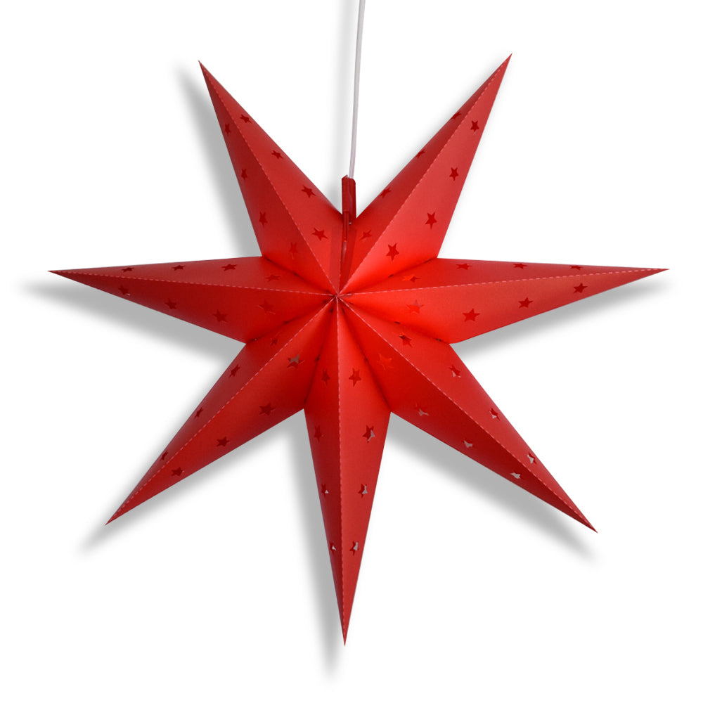 LANTERN + CORD + BULB | 24" Red 7-Point Weatherproof Star Lantern Lamp, Hanging Decoration