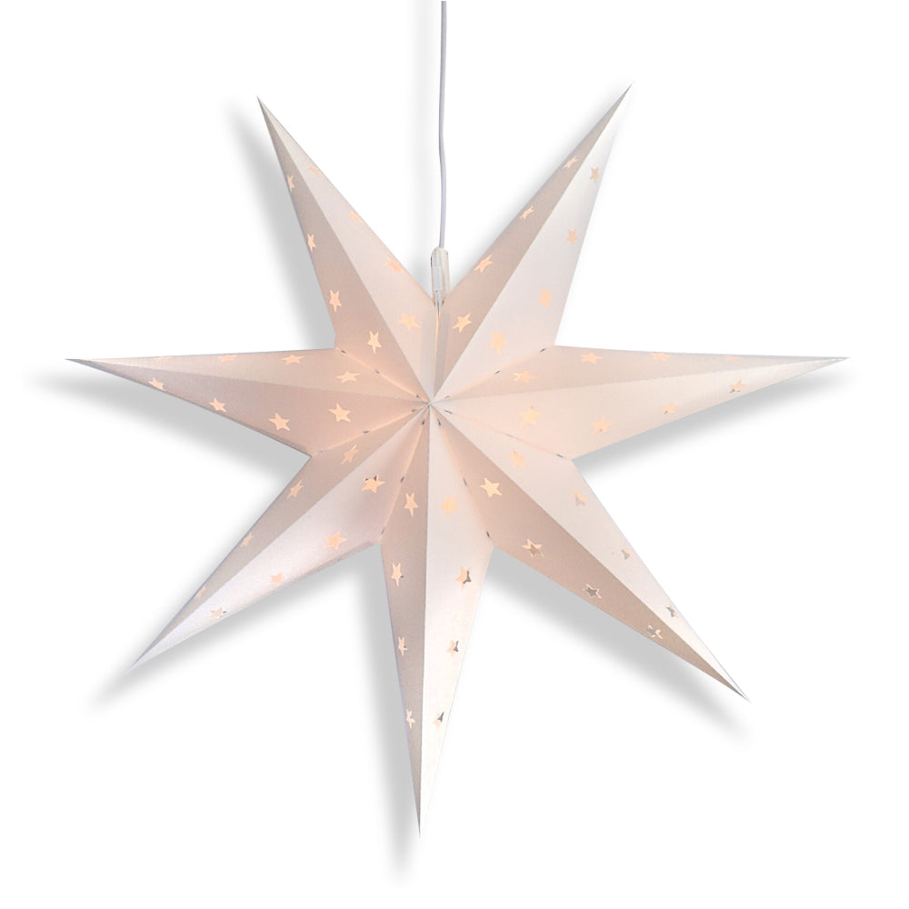 LANTERN + CORD + BULB | 24" White 7-Point Weatherproof Star Lantern Lamp, Hanging Decoration