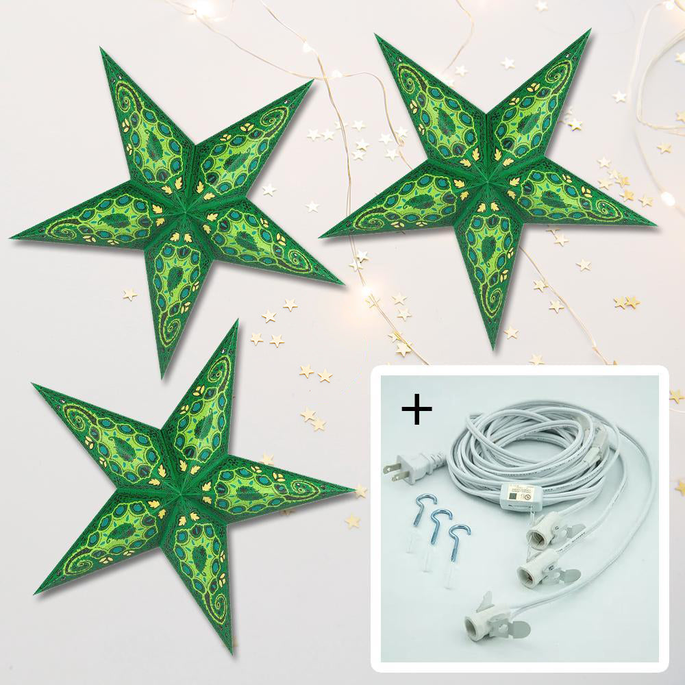 3-PACK + Cord | Green Tulip Cut 24&quot; Illuminated Paper Star Lanterns and Lamp Cord Hanging Decorations - PaperLanternStore.com - Paper Lanterns, Decor, Party Lights &amp; More