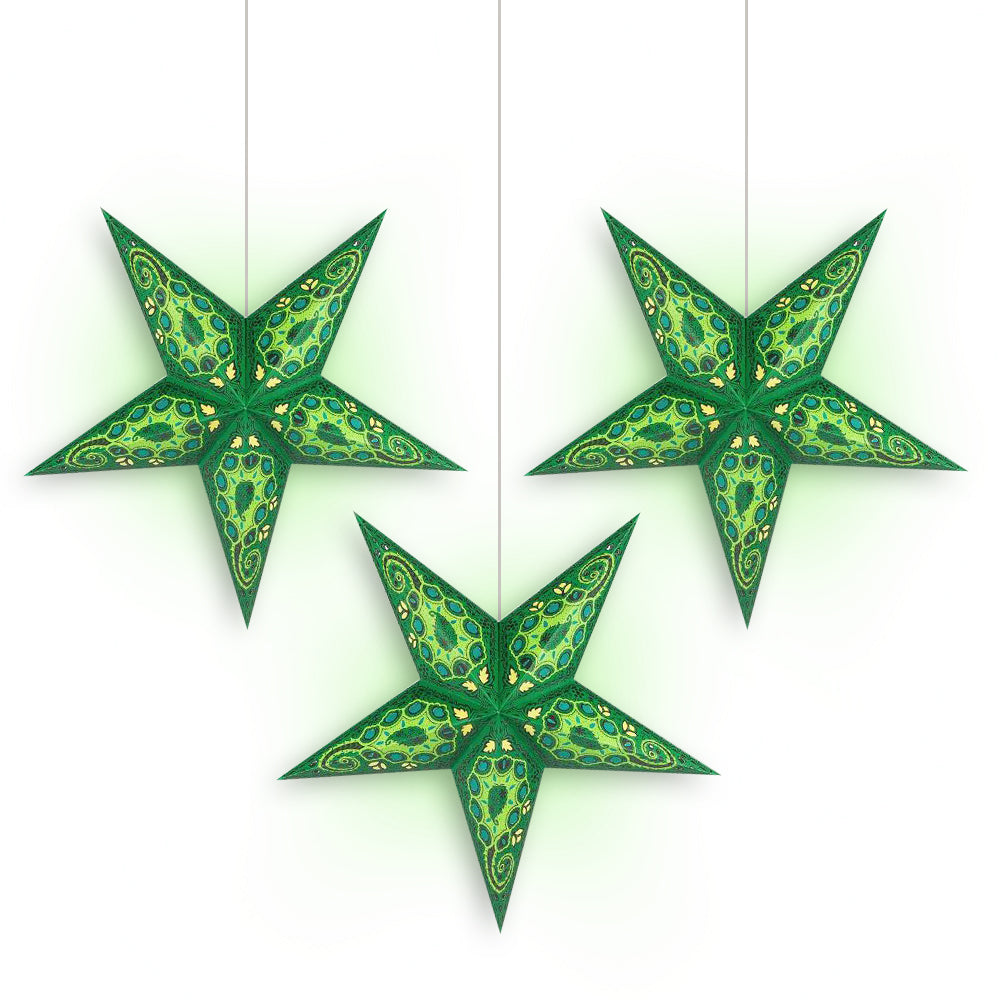 3-PACK + Cord | Green Tulip Cut 24&quot; Illuminated Paper Star Lanterns and Lamp Cord Hanging Decorations - PaperLanternStore.com - Paper Lanterns, Decor, Party Lights &amp; More