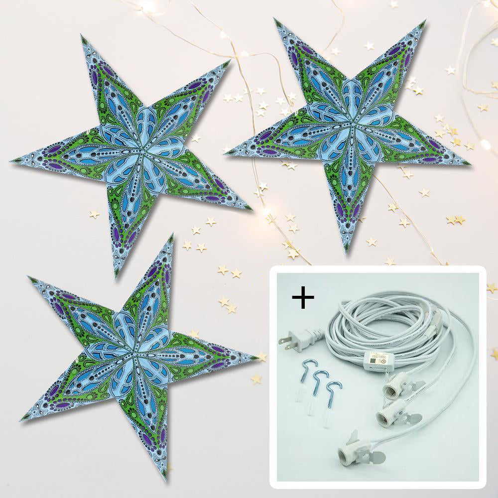 3-PACK + Cord | Blue Dahlia 24&quot; Illuminated Paper Star Lanterns and Lamp Cord Hanging Decorations - PaperLanternStore.com - Paper Lanterns, Decor, Party Lights &amp; More