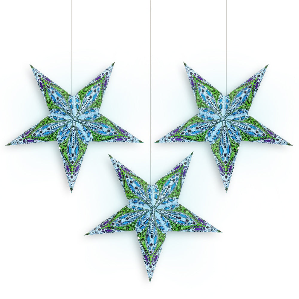 3-PACK + Cord | Blue Dahlia 24&quot; Illuminated Paper Star Lanterns and Lamp Cord Hanging Decorations - PaperLanternStore.com - Paper Lanterns, Decor, Party Lights &amp; More