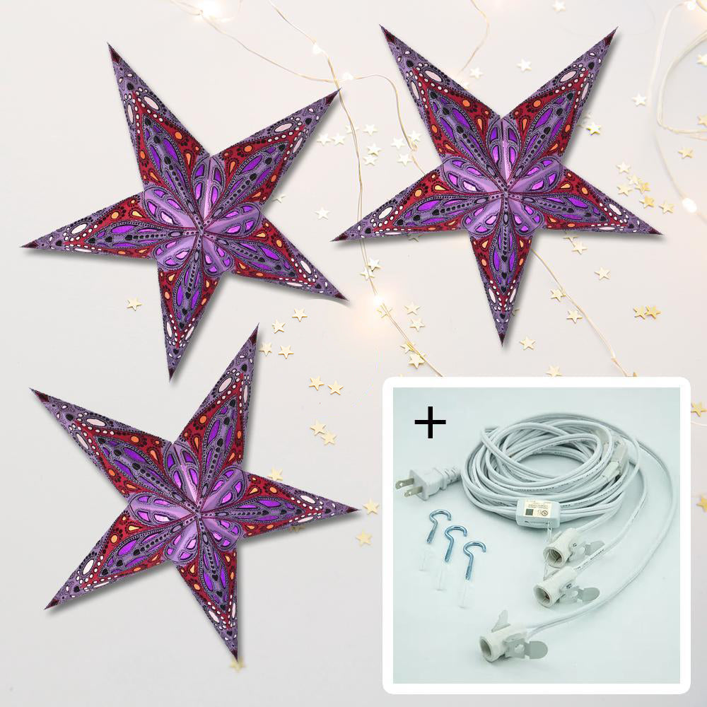 3-PACK + Cord | Purple Dahlia 24&quot; Illuminated Paper Star Lanterns and Lamp Cord Hanging Decorations - PaperLanternStore.com - Paper Lanterns, Decor, Party Lights &amp; More