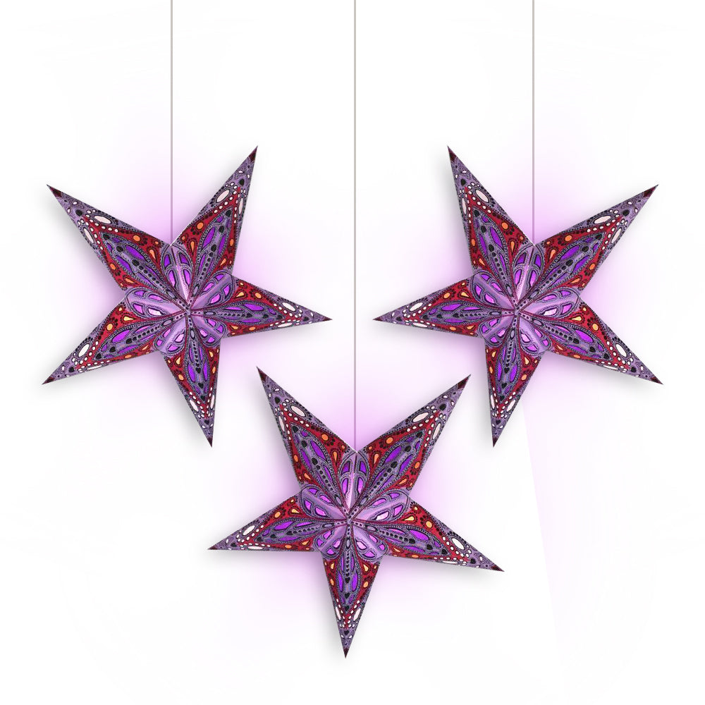 3-PACK + Cord | Purple Dahlia 24&quot; Illuminated Paper Star Lanterns and Lamp Cord Hanging Decorations - PaperLanternStore.com - Paper Lanterns, Decor, Party Lights &amp; More