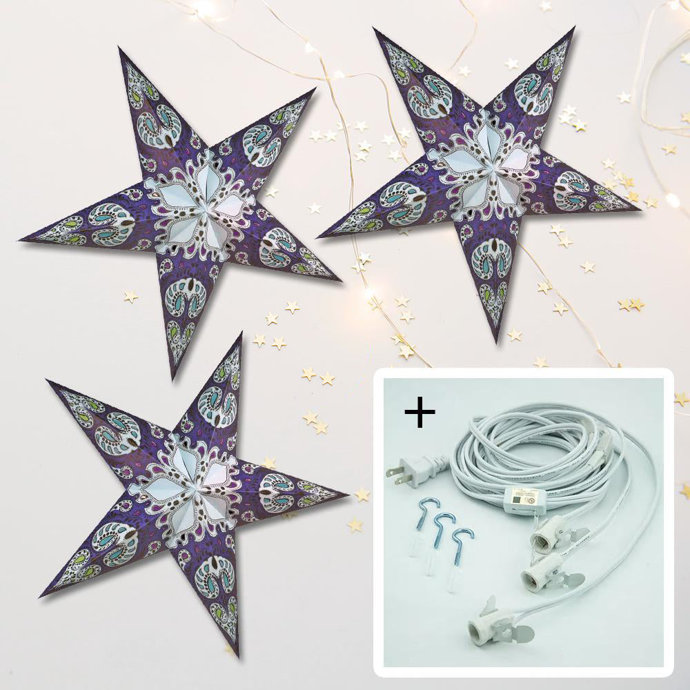 3-PACK + Cord | Blue Galaxy 24&quot; Illuminated Paper Star Lanterns and Lamp Cord Hanging Decorations - PaperLanternStore.com - Paper Lanterns, Decor, Party Lights &amp; More