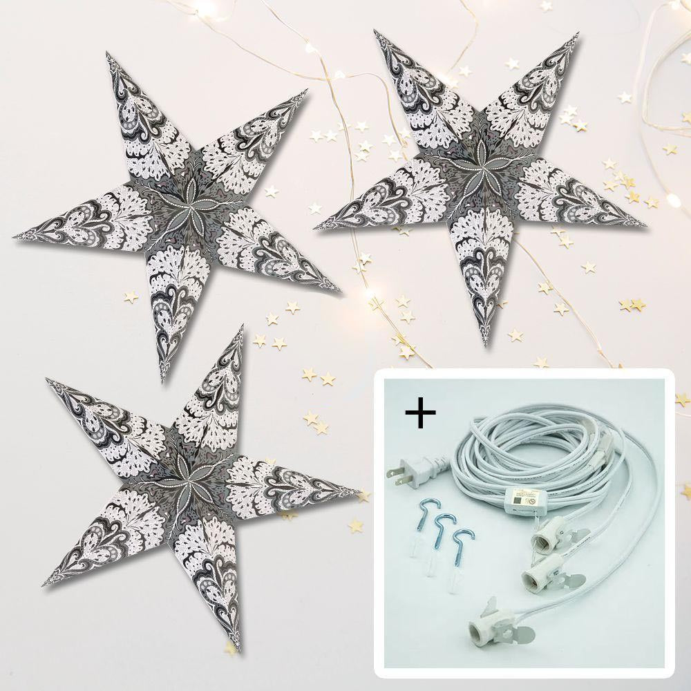 3-PACK + Cord | White Rain 24&quot; Illuminated Paper Star Lanterns and Lamp Cord Hanging Decorations - PaperLanternStore.com - Paper Lanterns, Decor, Party Lights &amp; More