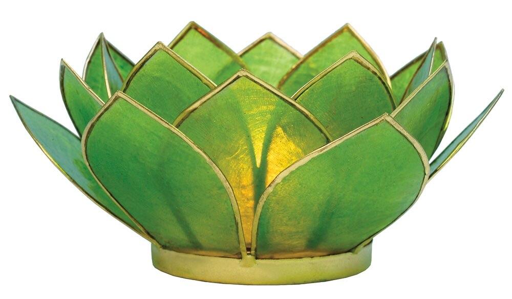 Grass Green &amp; Gold Nani Medium Capiz Lotus Candle Holder - PaperLanternStore.com - Paper Lanterns, Decor, Party Lights &amp; More