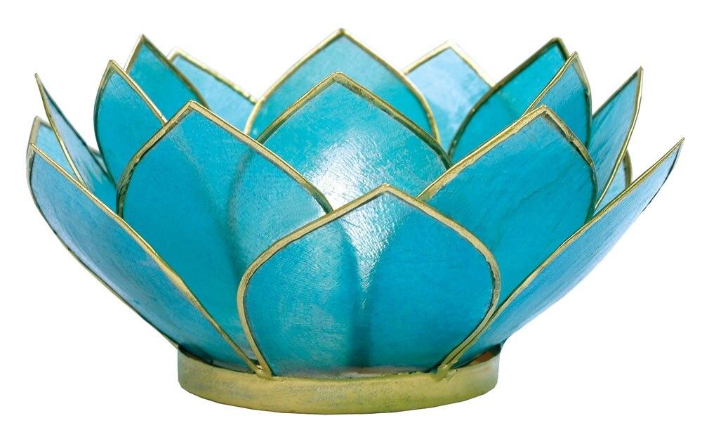 Turquoise Blue &amp; Gold Nani Medium Capiz Lotus Candle Holder - PaperLanternStore.com - Paper Lanterns, Decor, Party Lights &amp; More