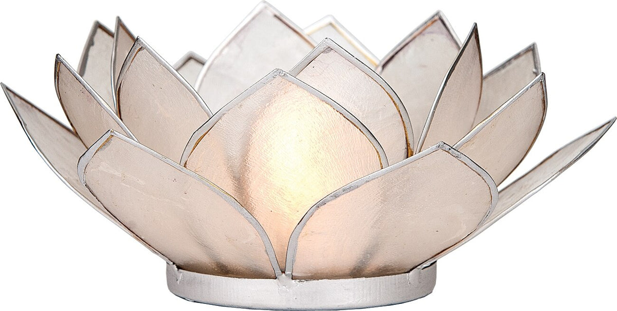 White &amp; Silver Nani Medium Capiz Lotus Candle Holder - PaperLanternStore.com - Paper Lanterns, Decor, Party Lights &amp; More