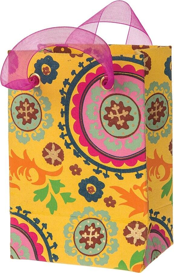 Yellow Suzani Medium Paper Gift Bag - PaperLanternStore.com - Paper Lanterns, Decor, Party Lights &amp; More