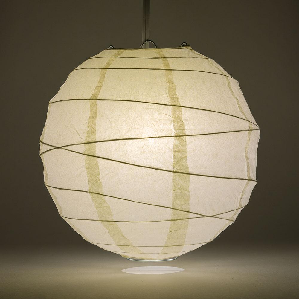 Lit Beige Round Paper Lantern, Crisscross Ribbing, Chinese Hanging Wedding &amp; Party Decoration