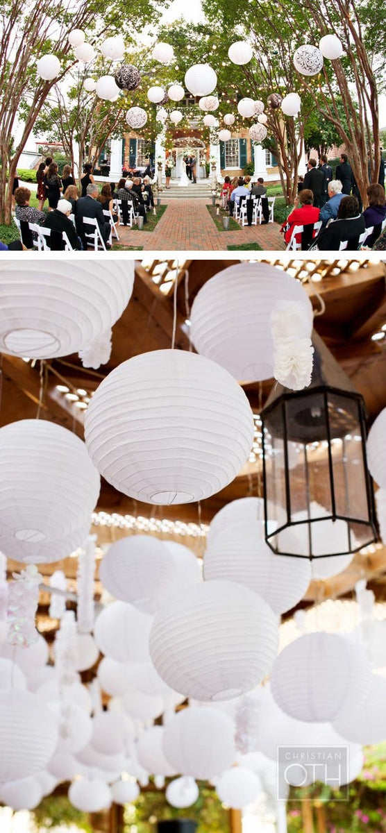 24 White Round Paper Lantern, Even Ribbing, Hanging Decoration