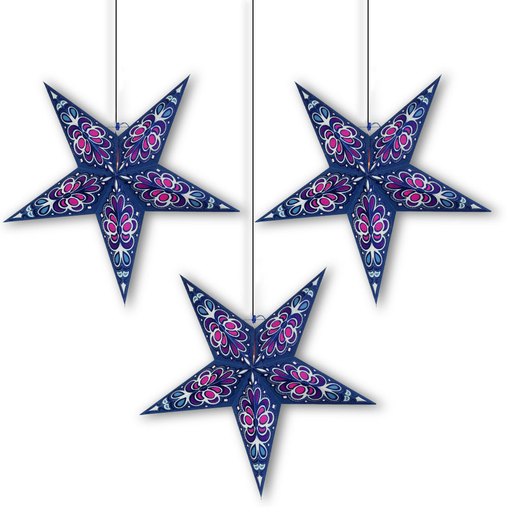 3-PACK 24" Dark Blue Merry Gold Glitter Paper Star Lantern, with LED Bulbs and Lamp Cord Light Included