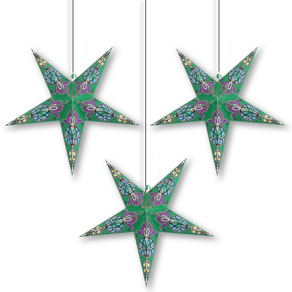 3-PACK 24&quot; Green Neptune Illuminated Paper Star Lantern, with LED Bulbs and Lamp Cord Light Included