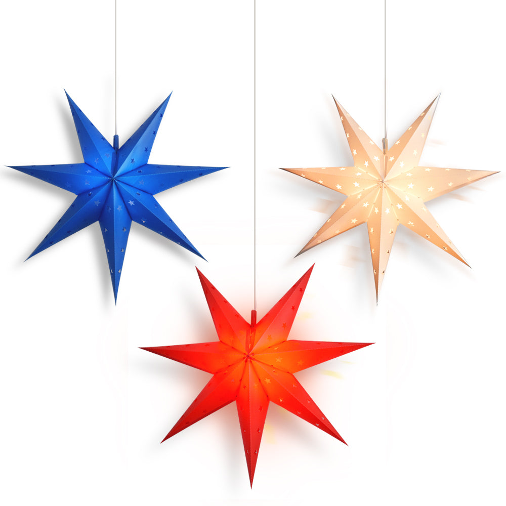 4th of July 3-Pack 7-Point Weatherproof Star Lantern Lamps, Hanging Decoration, 1x Red, 1x White, 1x Blue (Shades Only)