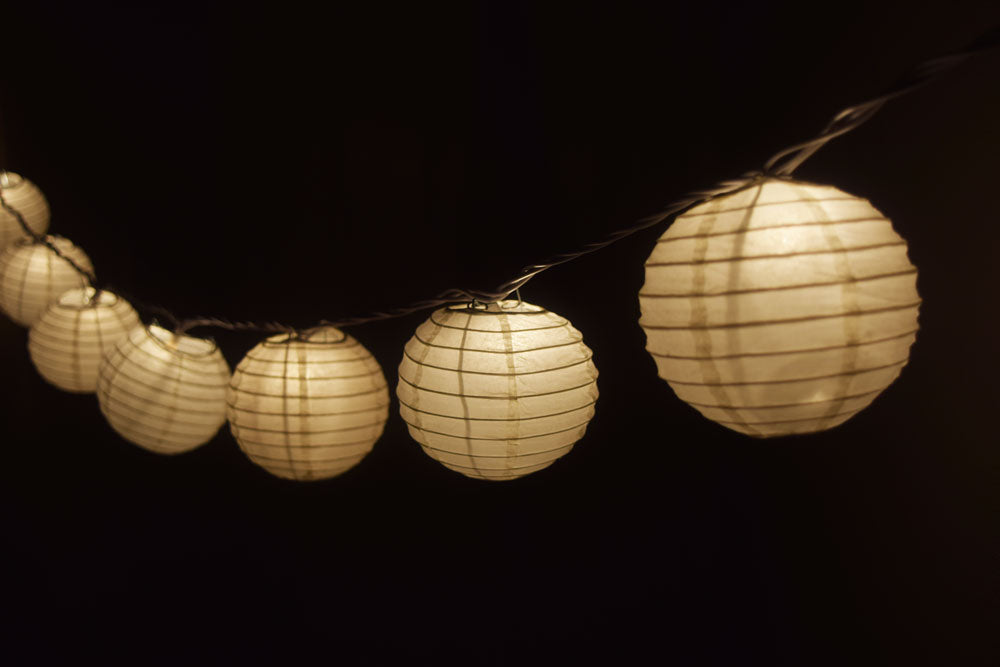 10 Socket Beige Round Paper Lantern Party String Lights (4&quot; Lanterns, Expandable) - PaperLanternStore.com - Paper Lanterns, Decor, Party Lights &amp; More