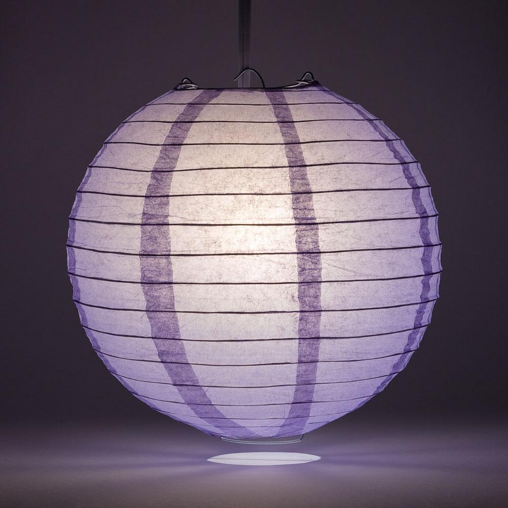 Lit Lavender Round Paper Lantern, Even Ribbing, Chinese Hanging Wedding &amp; Party Decoration