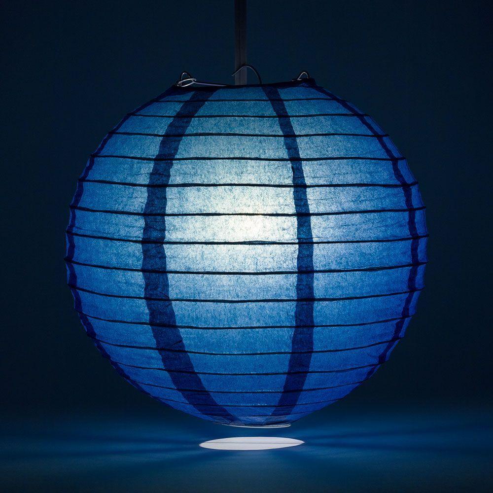 Lit Navy Blue Round Paper Lantern, Even Ribbing, Chinese Hanging Wedding &amp; Party Decoration
