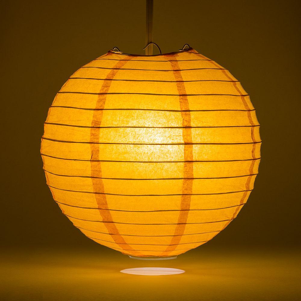 Lit Orange Round Paper Lantern, Even Ribbing, Chinese Hanging Wedding &amp; Party Decoration